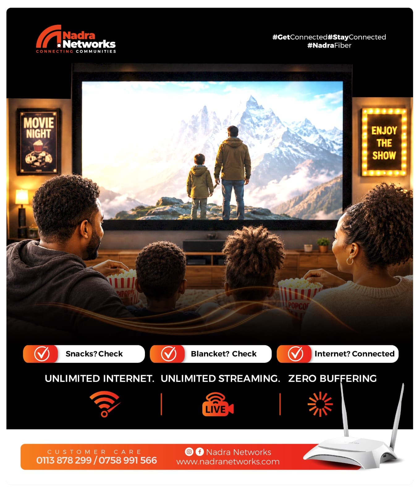 A family enjoying unlimited streaming with Nadra Networks